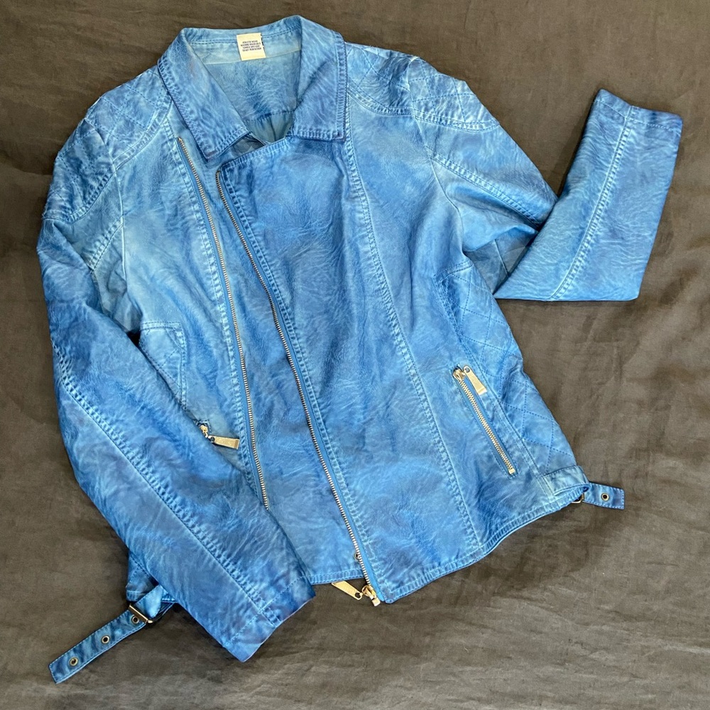 Vintage blue “leather” motto jacket